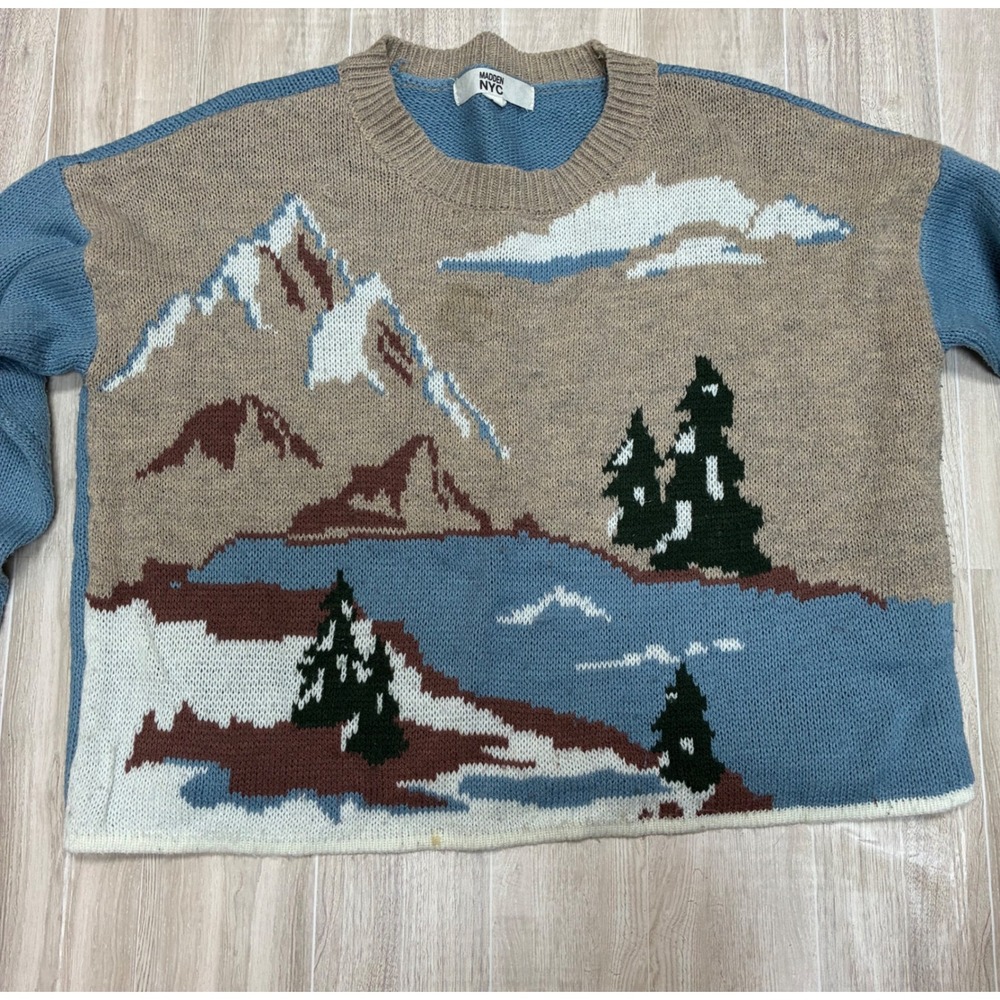 Madden NYC Womens Small Mountain Landscape  Knit Sweater Blue Brown Cropped - Picture 2 of 7